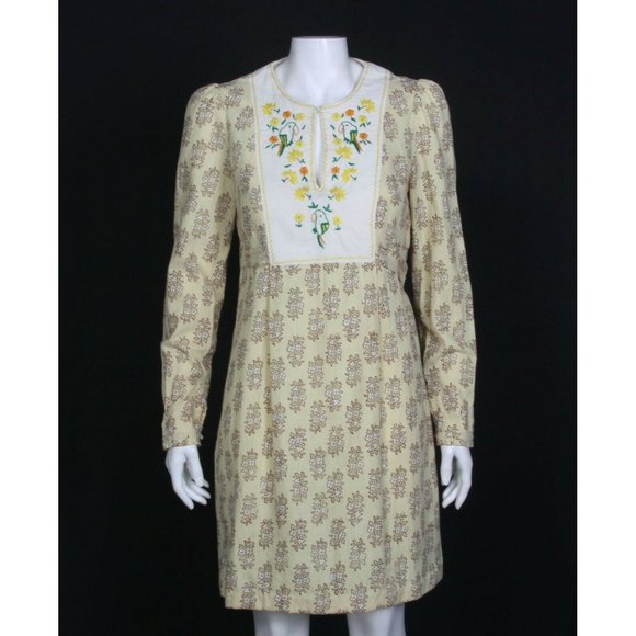 Vintage INDIA IMPORTS Block Print Embroidered Parrot Bird Floral Dress sz P /108 - Picture 2 of 7